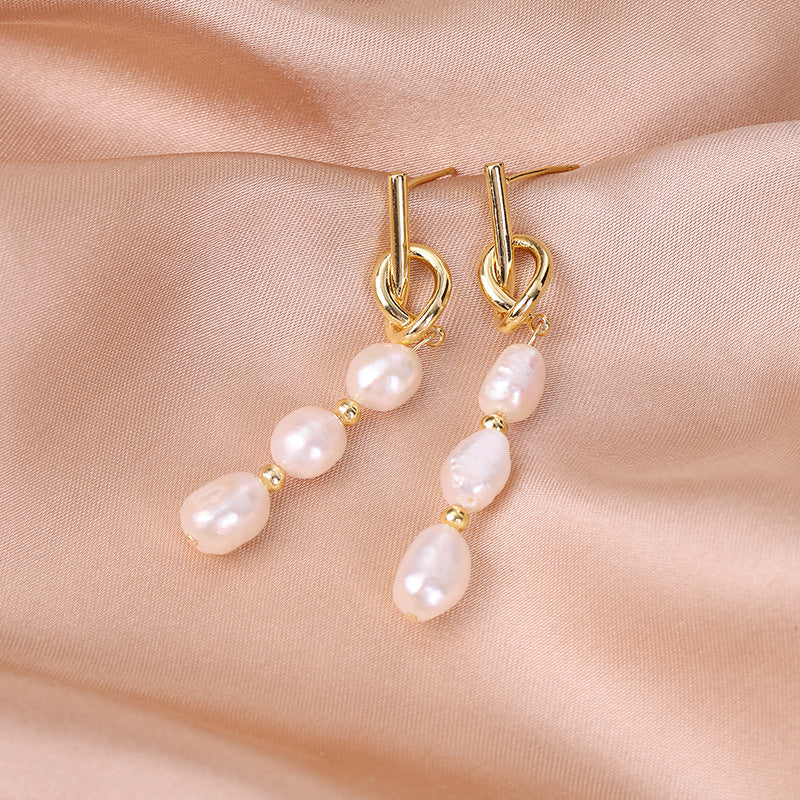Wholesale Baroque Natural Freshwater Pearl Knotted Irregular Alloy Earrings