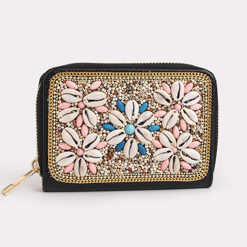 Wholesale Heavy Industry Boho Style Rice Beads Butterfly Flower PU Clutch Bag