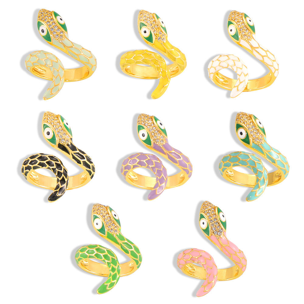 Wholesale  New All-match Color Oil Dripping Ins Wind Finger Ring Copper Gold Plated Diamond Three-dimensional Snake-shaped Winding Open Ring