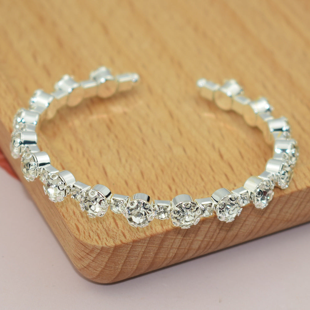 Wholesale Double Row Rhinestone Open Bangle Bracelet Silver Tone Stylish Wedding Jewelry Accessory For Party And Everyday Wear