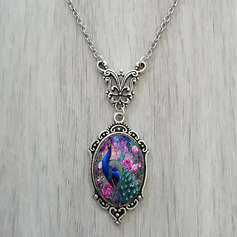 Wholesale Oval portrait flower glass pendant necklace