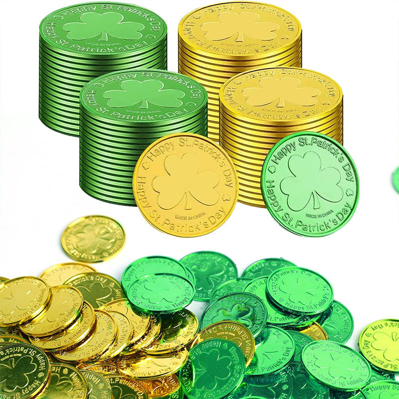 Wholesale 50pcs St. Patrick' s Day  Shamrock Plastic Coins Gold Props