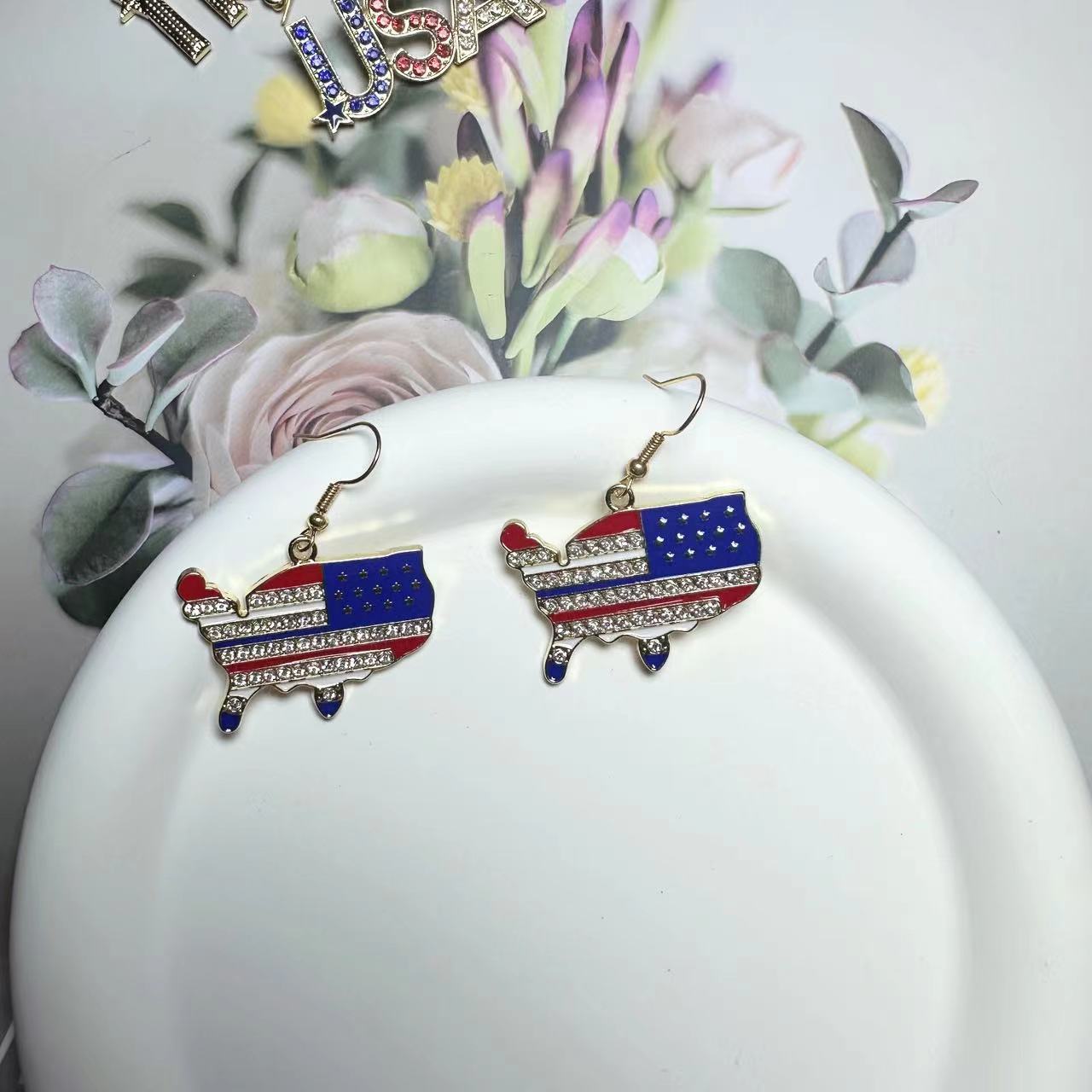 Wholesale American Independence Day Flag Five Pointed Star Diamond Alloy Necklace