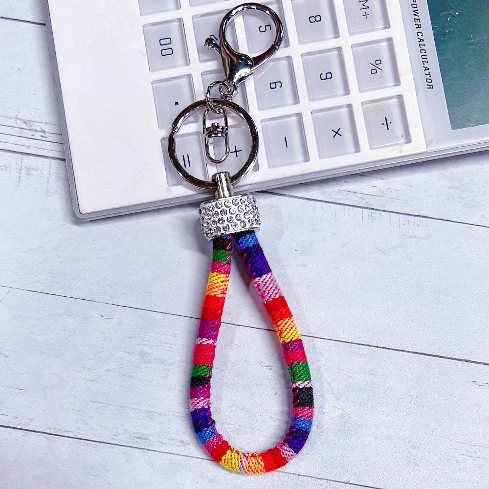 Wholesale Metal Colorful Ethnic Style Cotton Rope Diamond Keychain Lanyard