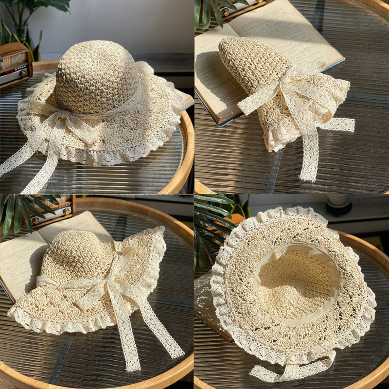 Wholesale Summer Lace Folding Straw Hat Hand-woven Hollow Bow Sun Hat