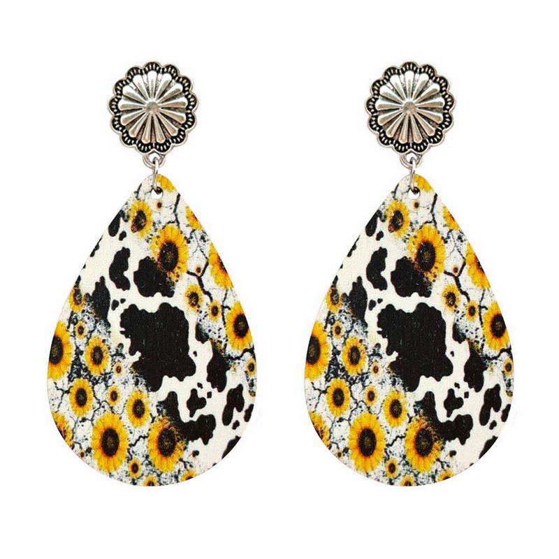 Wholesale Western Style Turquoise Leopard Print Sunflower Cow Print Leather Drop Earrings