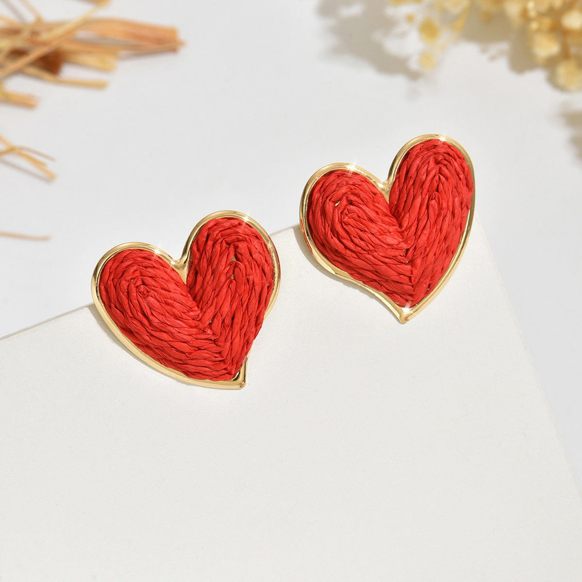 Wholesale Lafite grass colored heart woven earrings