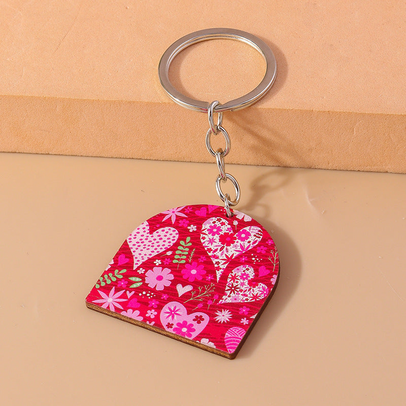 Wholesale Wooden Valentine's Day Rainbow Heart Pink Keychain