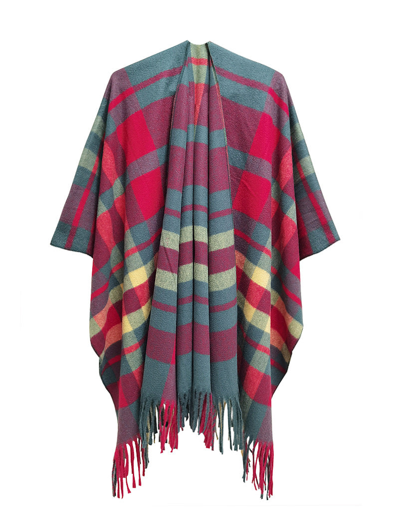 Wholesale Autumn and Winter Slit Cape Thickened Plaid Thorn Fringed Shawl