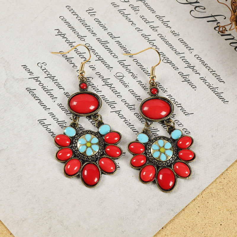 Wholesale Alloy Electroplated Retro Tassel Earrings For Women Ethnic Contrast Color Long Earrings Vacation Style Fashion Accessory