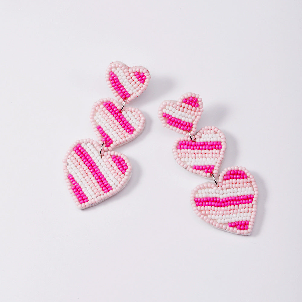 Wholesale Creative Love Pink Striped Hand-woven Rice Beads Multi-layer Earrings
