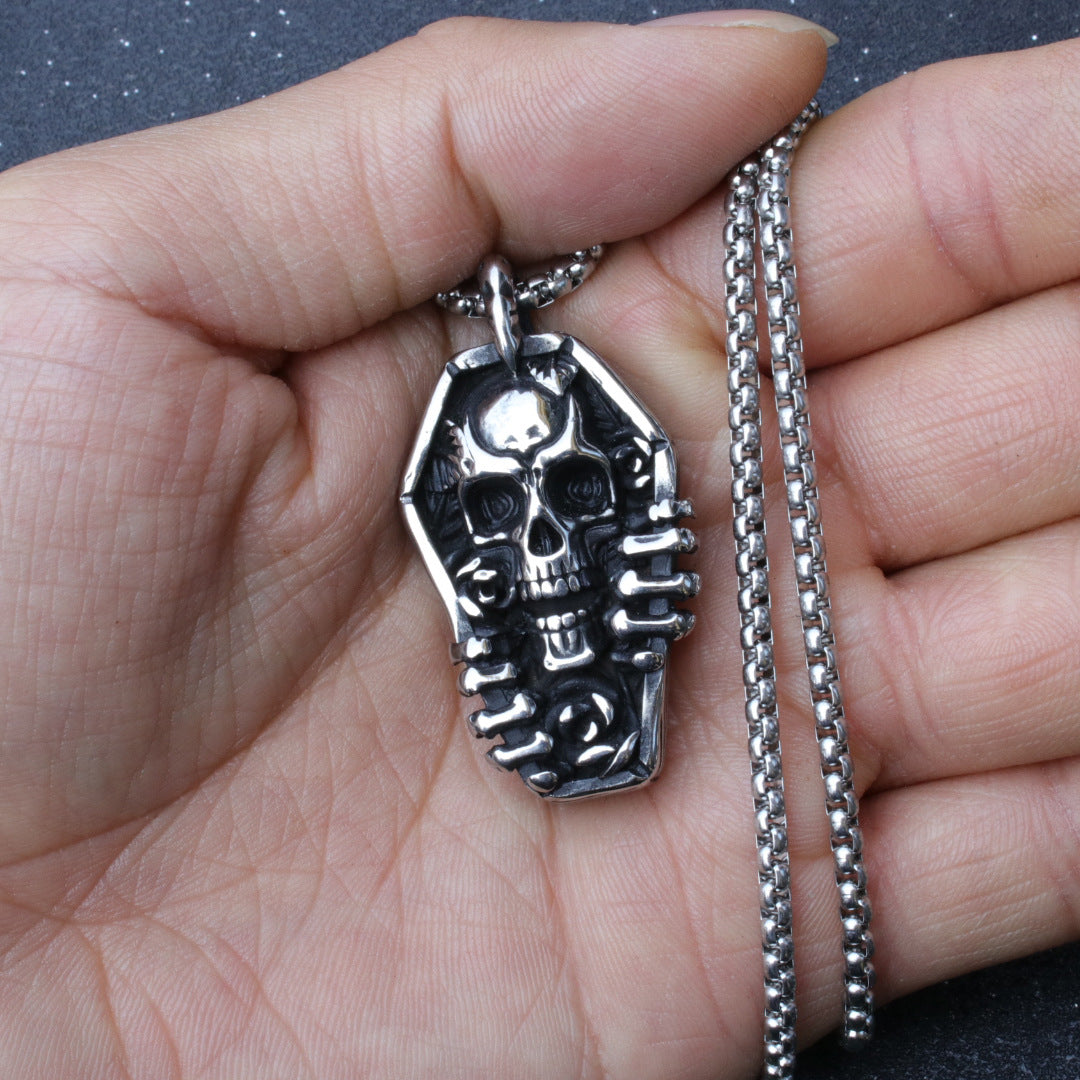 Wholesale Punk Retro Skull Coffin Pendant Necklace Stainless Steel Gothic Fashion Accessory For Gift And Layering