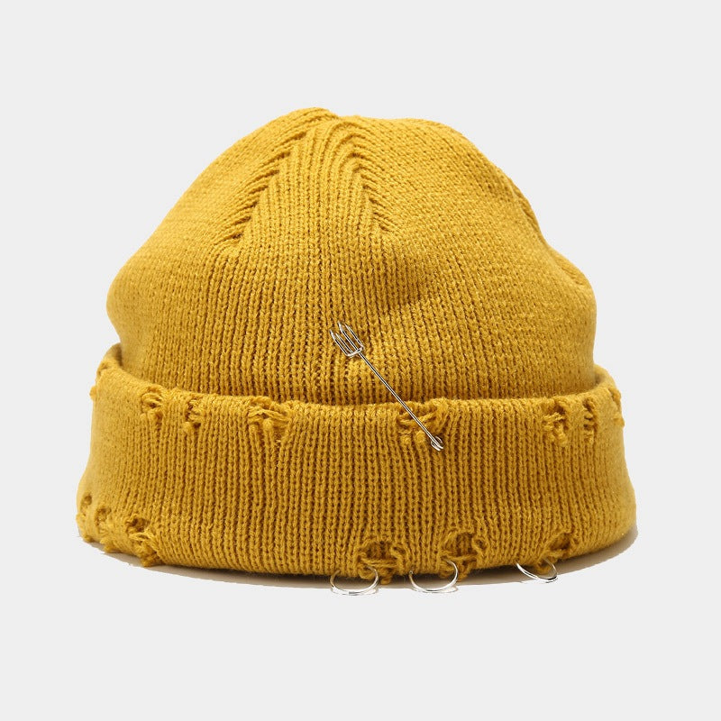 Wholesale Hoop Pin Ripped Wool Knitted Hat