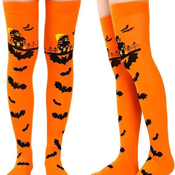 Wholesale Halloween Black Bat Pumpkin Striped Socks