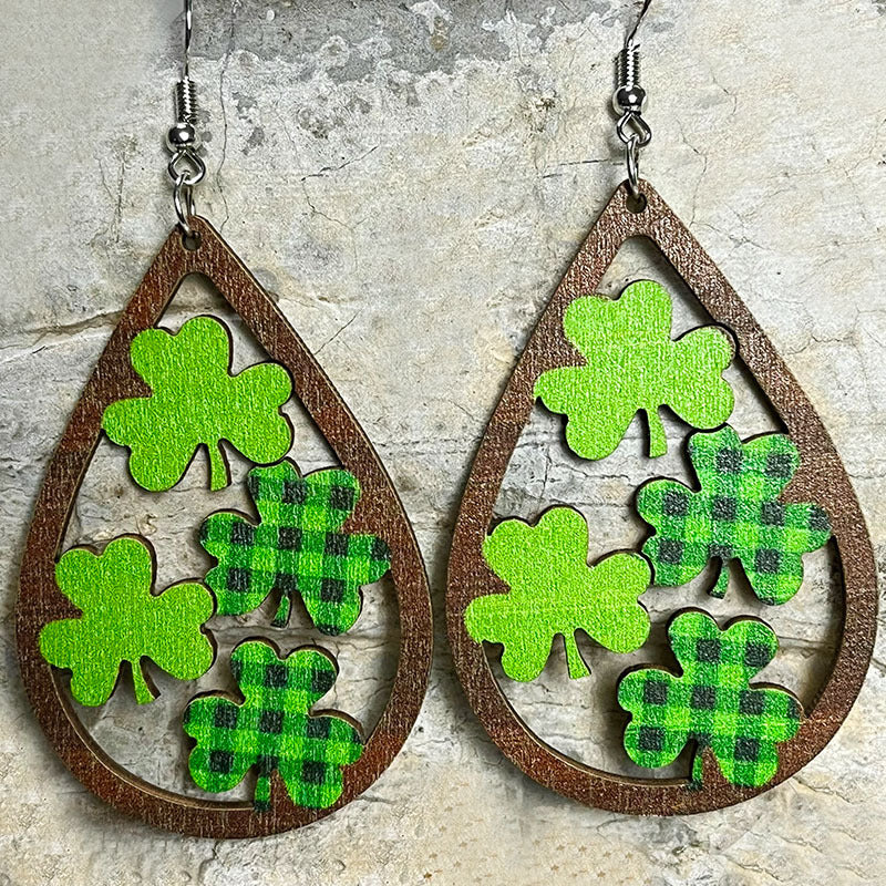 Wholesale 2 pairs/pack St. Patrick's Day Clover Green Rainbow Bearded Wooden Earrings