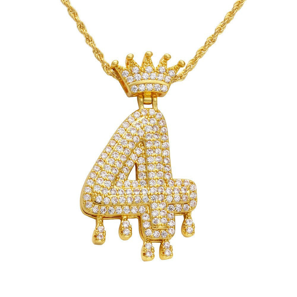 Wholesale Lucky Number Zircon Full Diamond Crown Pendant Necklace