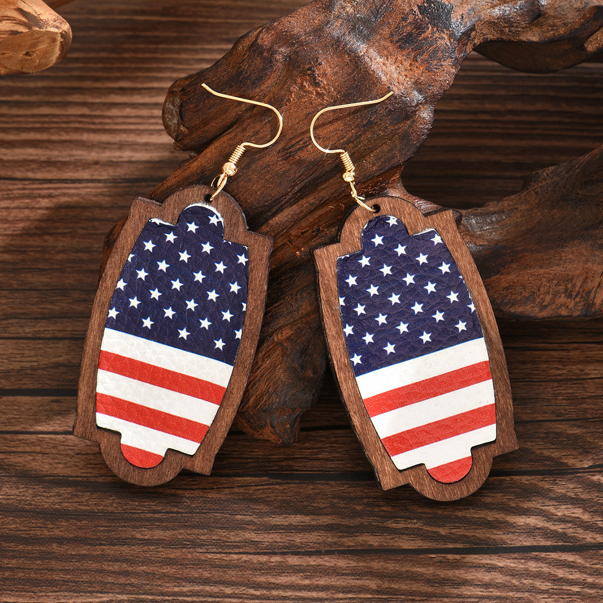 Wholesale Leather Litchi Grain Wood Frame American Flag Independence Day Earrings
