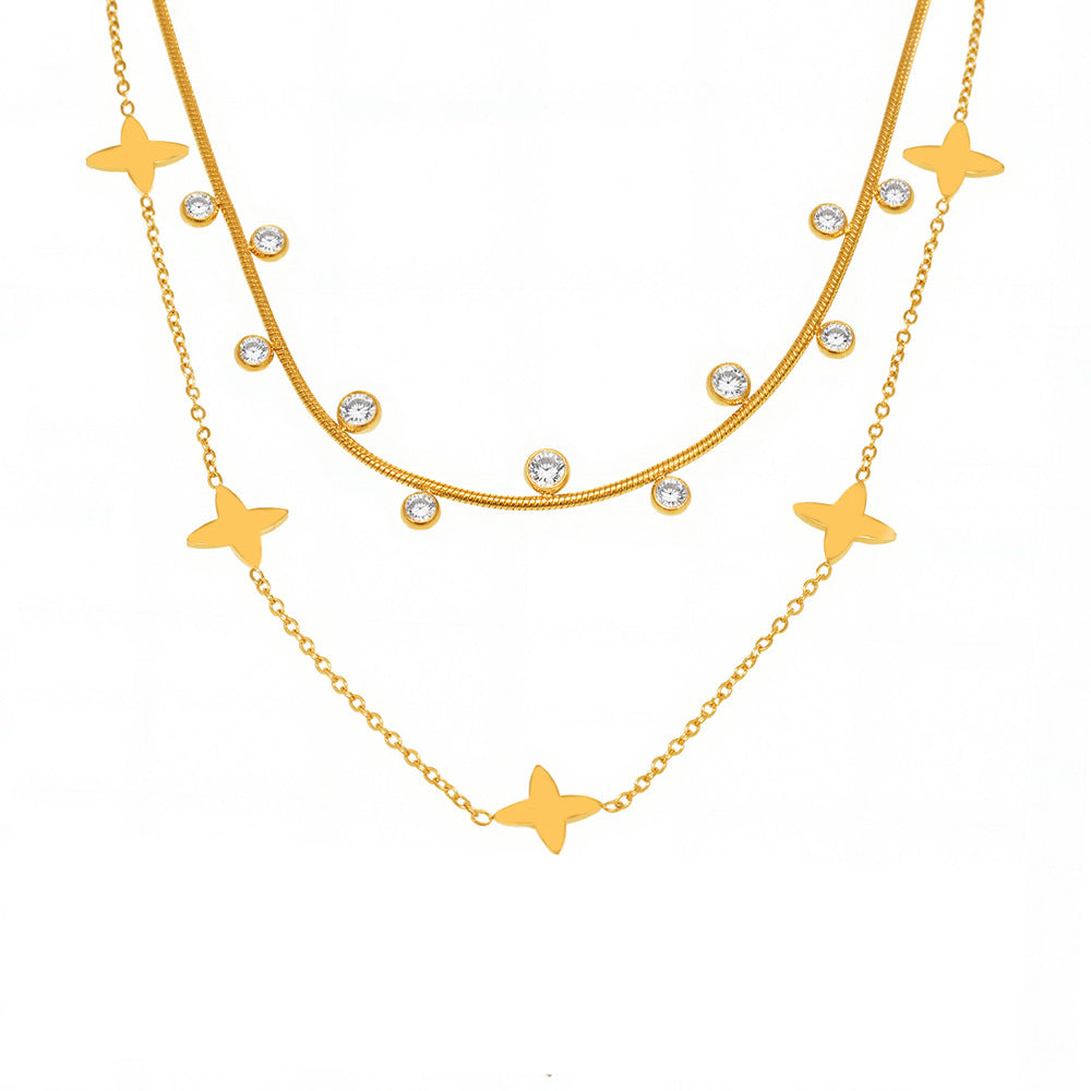 Wholesale Round Beads and Zirconia Stacked Lucky Four-Leaf Flower Small Necklace