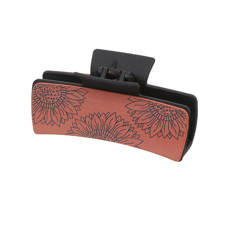 Wholesale Western Cowboy Vintage Leather Claw Clip Hair Accessory Handmade Sunflower Print Everyday Styling Gift