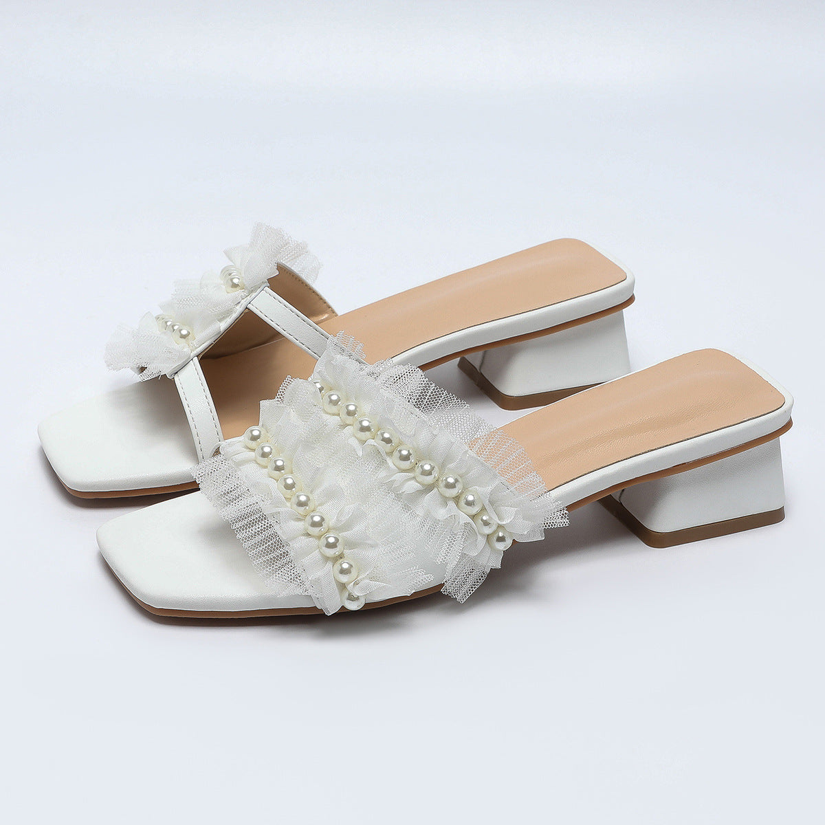 Wholesale PU Chunky Heel Open Toe Slippers