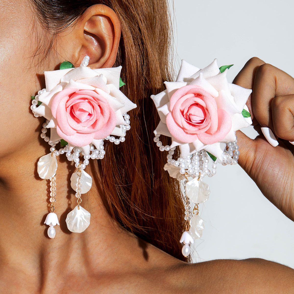 Wholesale Fabric flower tassel beaded earrings