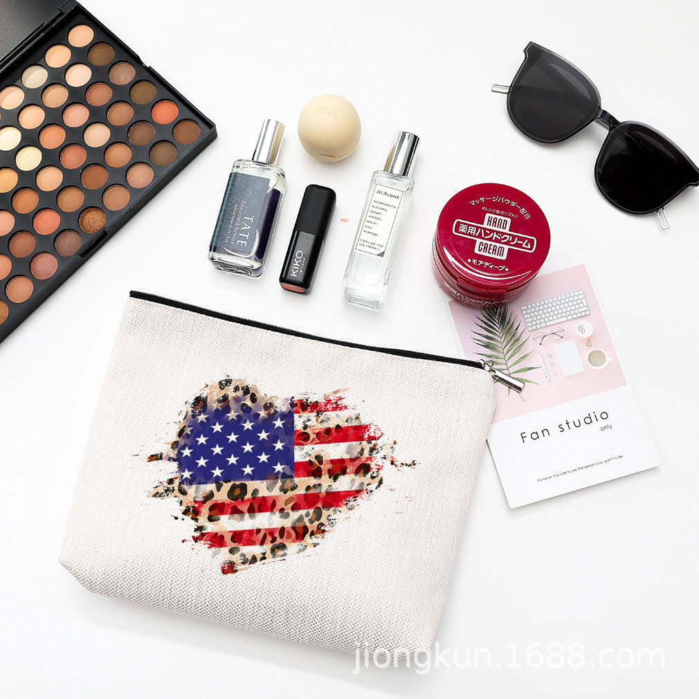 Wholesale Independence Day Waterproof Linen Cosmetic Bag