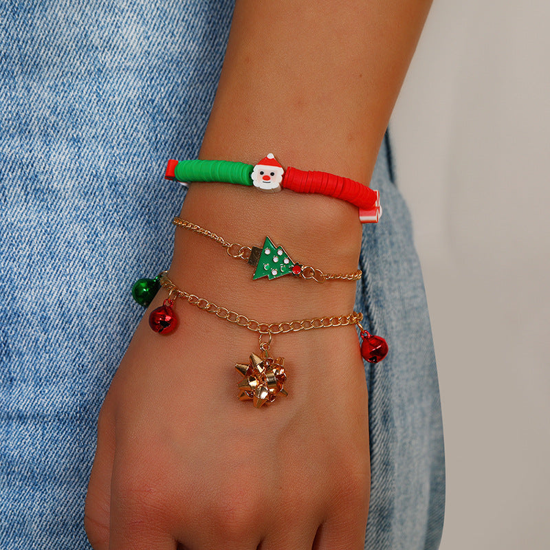Wholesale Christmas Colorful Drawstring Santa Snowman Bell Pendant Bracelet