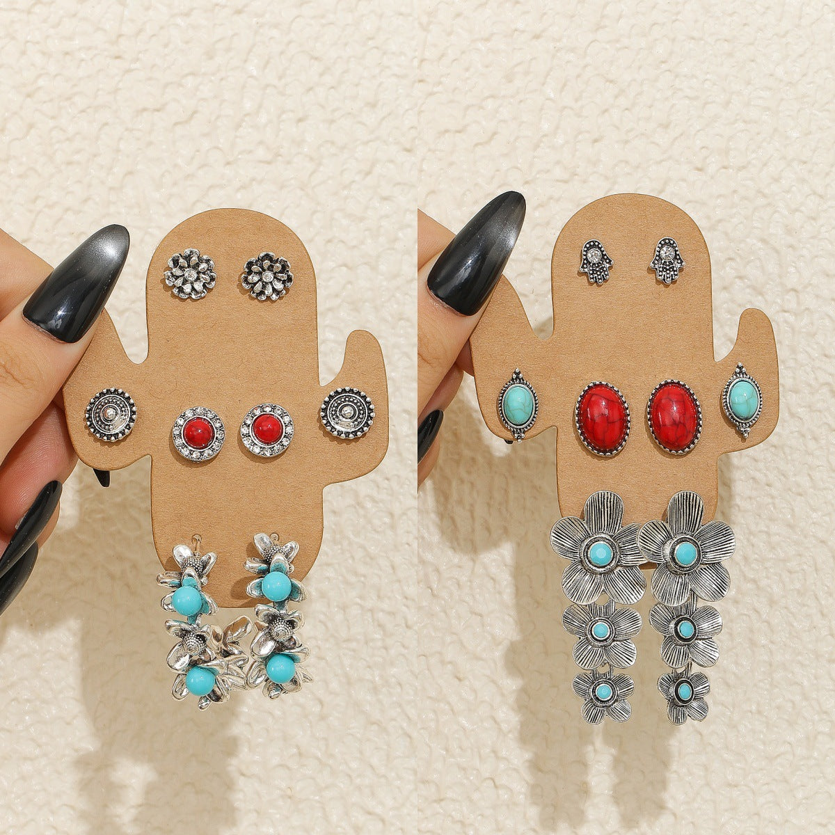 Wholesale 4 Pairs Blue Vintage Bohemian Ethnic Earrings Alloy Electroplated Stylish Jewelry Accessory For Party And Everyday Wear