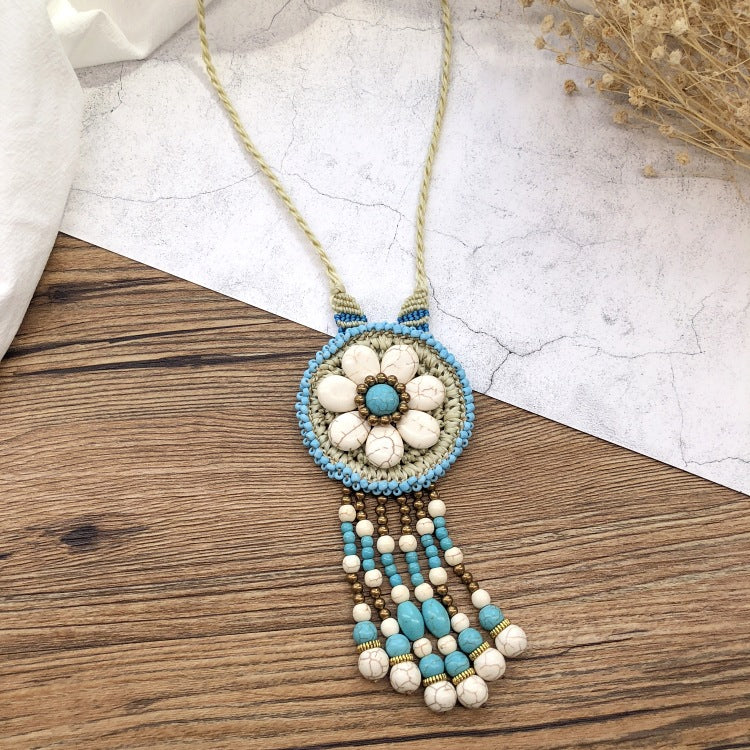 Wholesale Handmade Bohemian Vintage Natural Gravel Tassel Braided Necklace