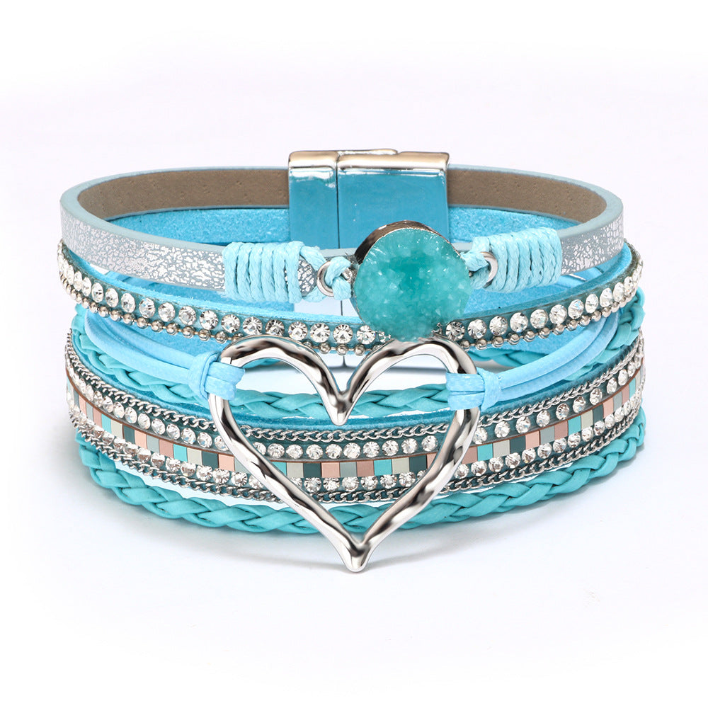 Wholesale Bohemian Heart Rhinestone Magnetic Leather Bracelet