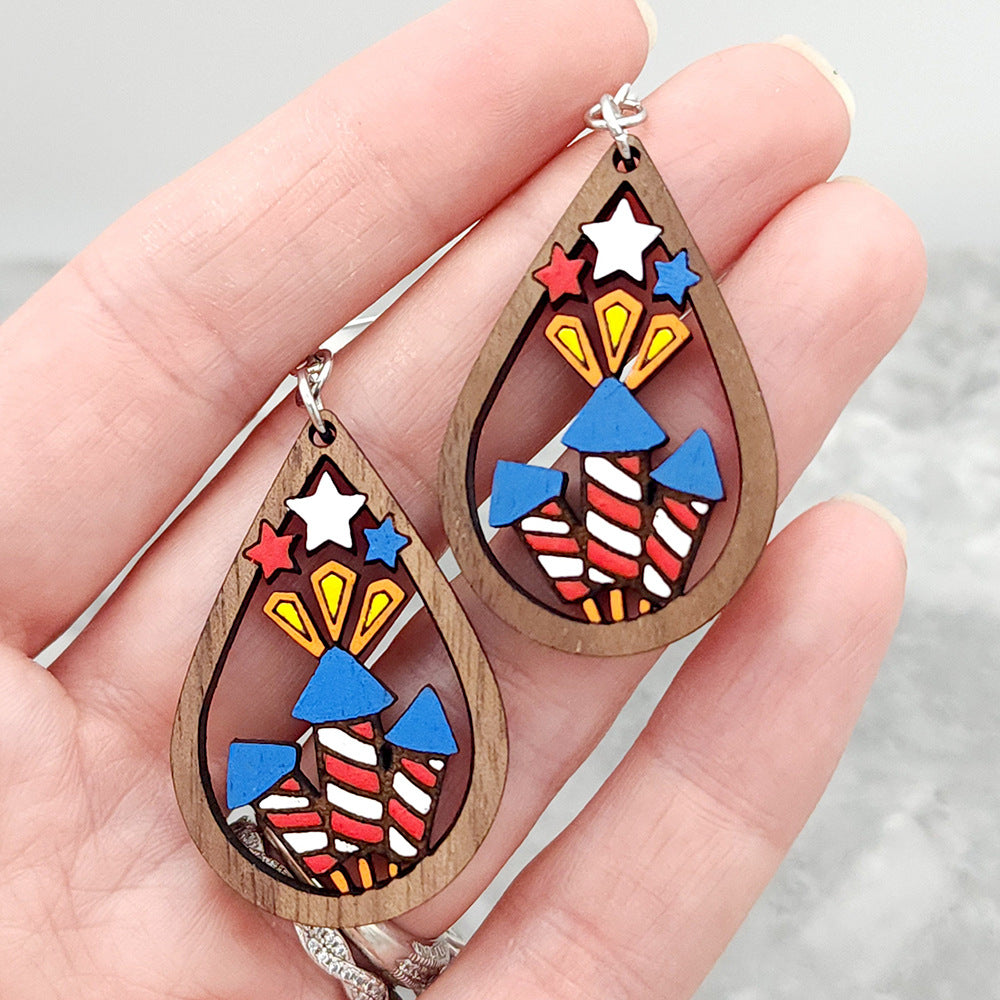 Wholesale of American Independence Day Fireworks Wooden Earrings