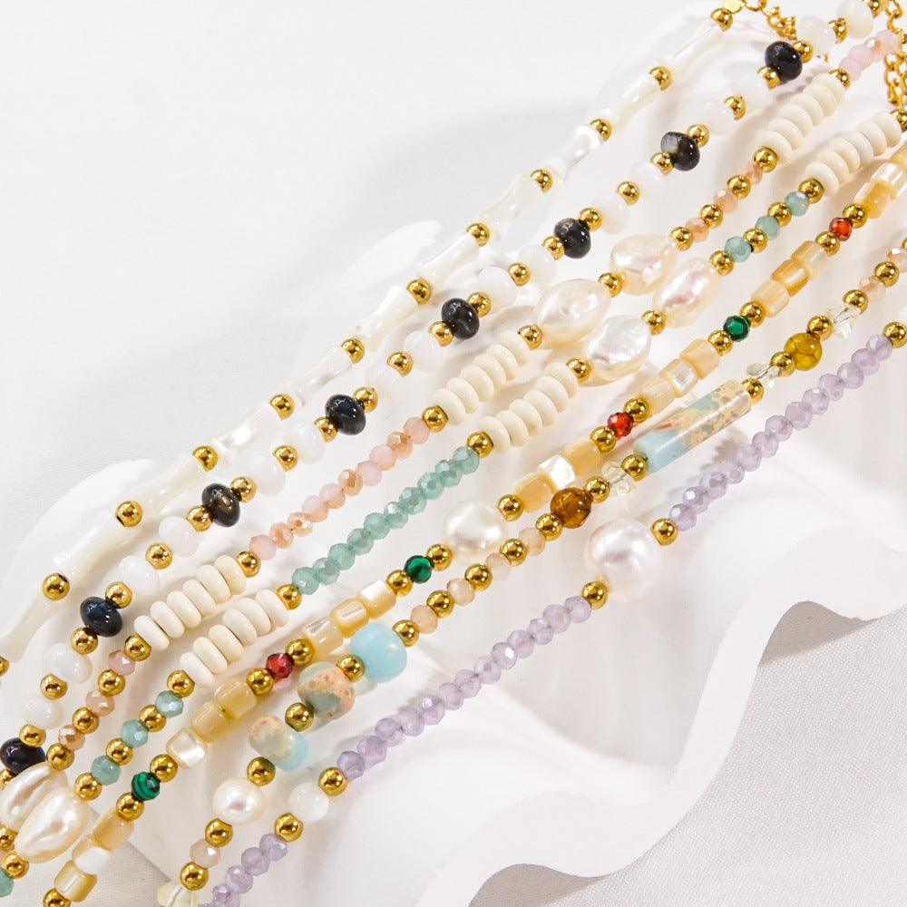 Wholesale Beaded titanium steel natural stone pearl crystal high-end non-fading hand jewelry