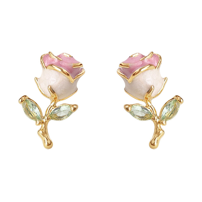 Wholesale Enamel drip glazed micro inlaid zircon rose silver needle earrings