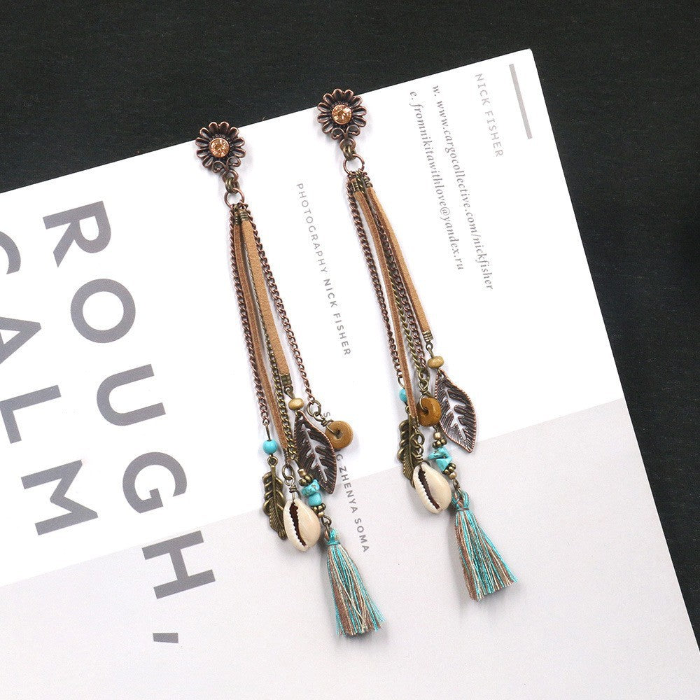 Wholesale Exaggerated Long Tassel Shell Leaf Earrings