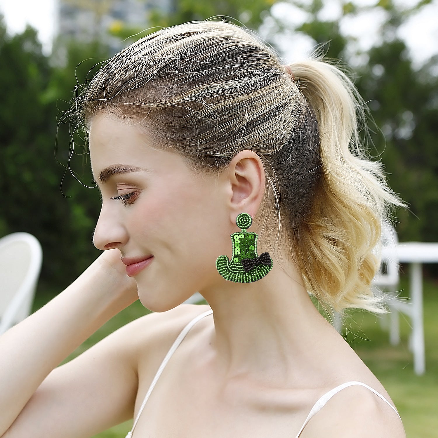 Wholesale St. Patrick's Day Sequined Rice Beads Green Earrings