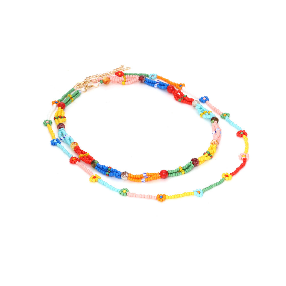 Wholesale Handwoven Double Layer Colorful Rice Beads Flower Necklace
