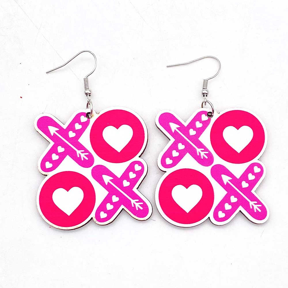 Wholesale Valentine's Day Wooden Earrings Pink Dwarf Leopard Pattern Heart Earrings