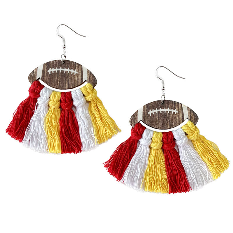 Wholesale 2 Pairs/pack Sports Woven Tassel Rugby Football Cheerleaders Wooden Drop Earrings