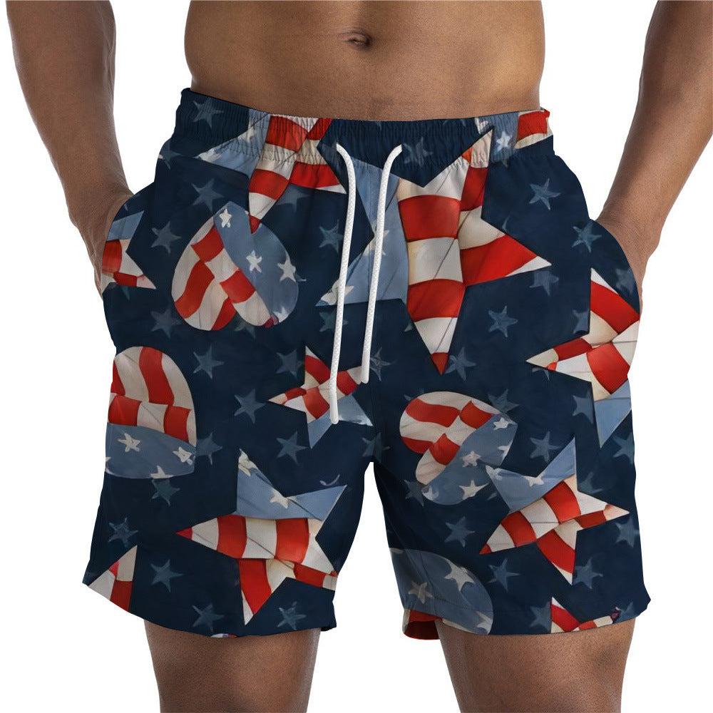 Wholesale Polyester Men's Independent Day Elements 3D Digital Printed Shorts Loose Fitting Straight Leg Beach Pants