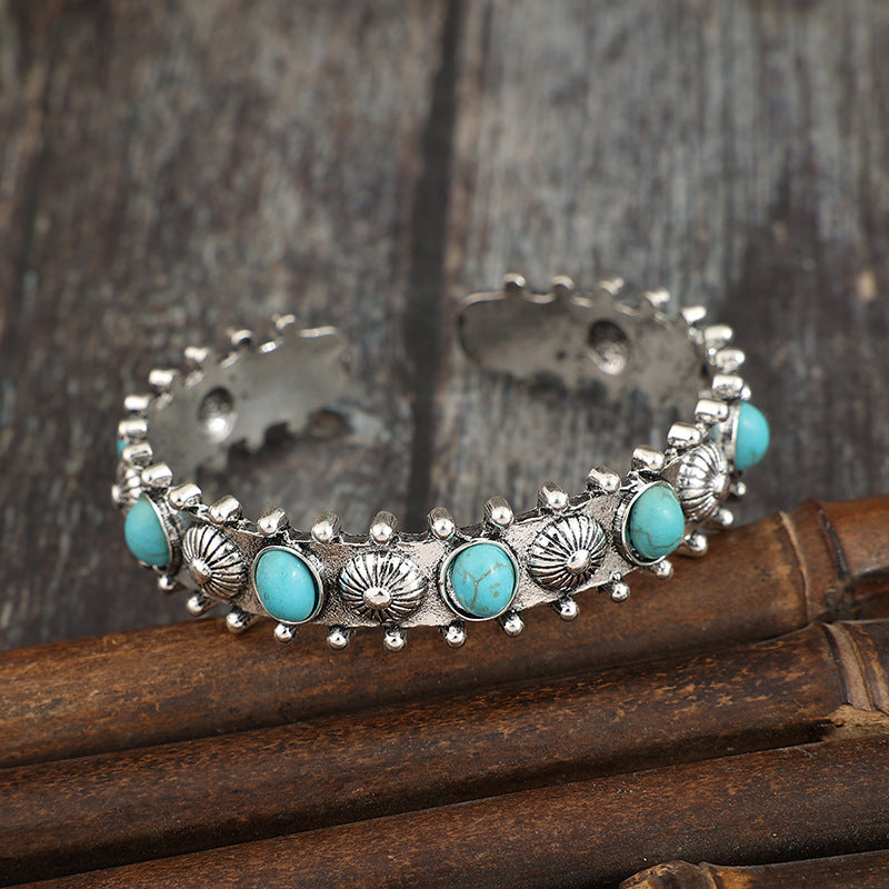 Wholesale Vintage alloy inlaid multiple turquoise Bohemian open bracelet