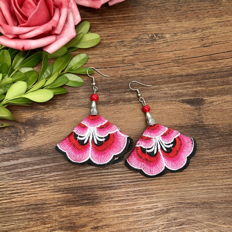 Wholesale Embroidered vintage fabric flower tassel earrings