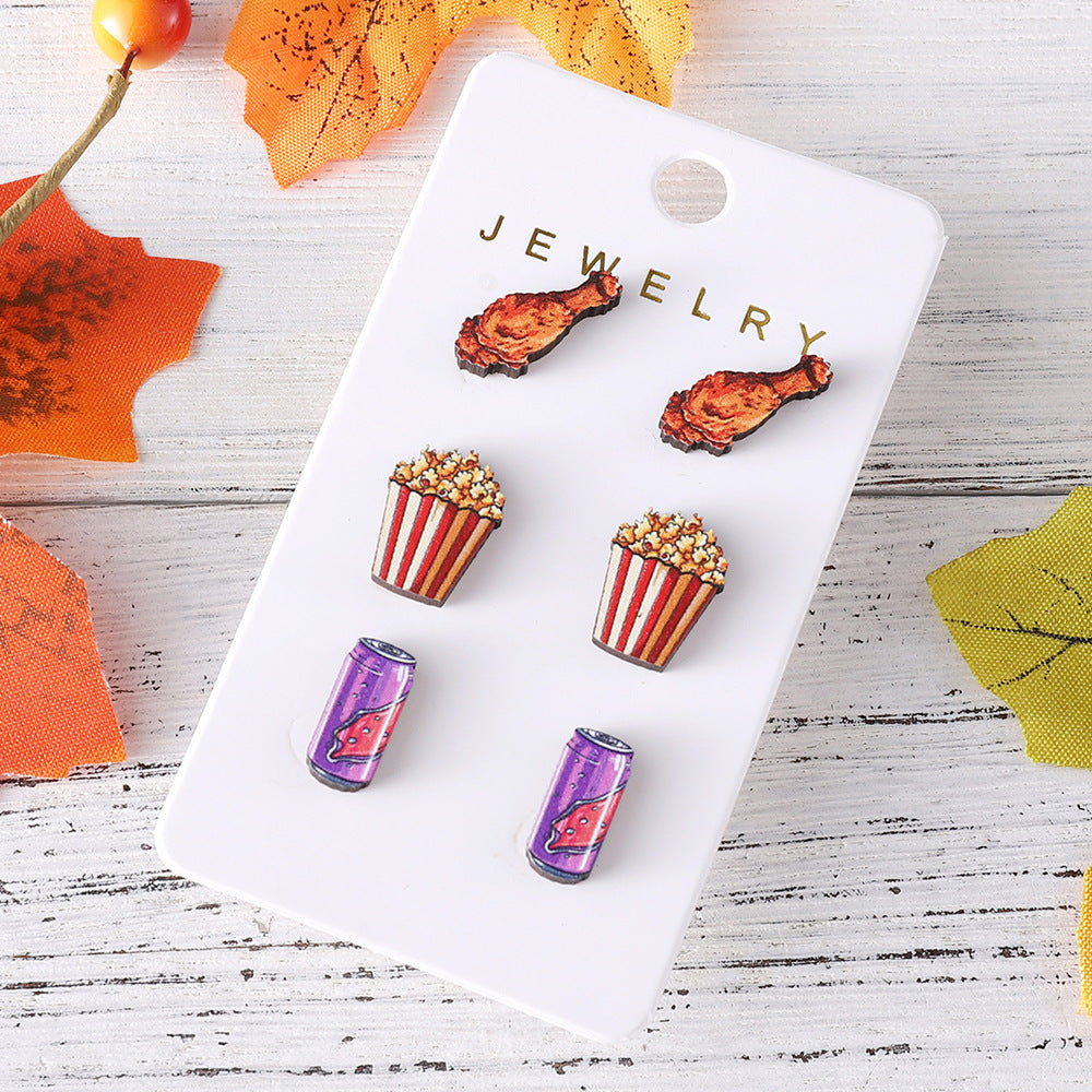 Wholesale Hamburger Hot Dog Chicken Leg Popcorn Food Wooden Earrings