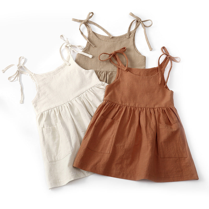 Wholesale Solid Color Cotton and Linen 2 Side Pockets Suspenders Lace-up Children's Suspender Dress
