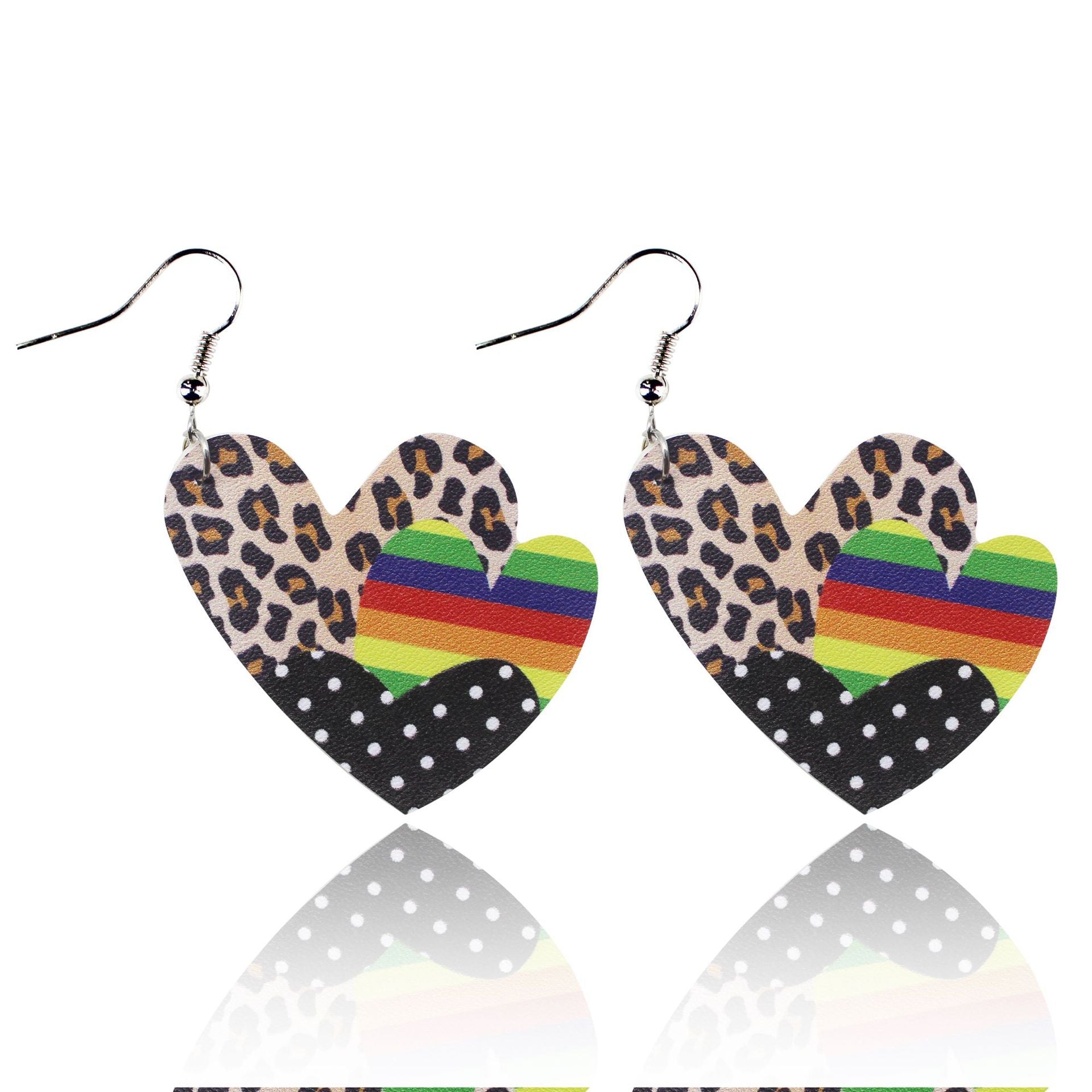 Wholesale Valentine's Day Red and Black Plaid Stripe Tie Dyed Leopard Heart Double Sided Leather Earrings