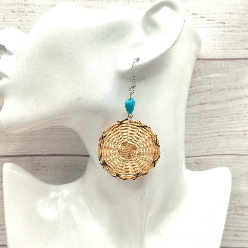 Wholesale Straw and rattan round turquoise long alloy earrings