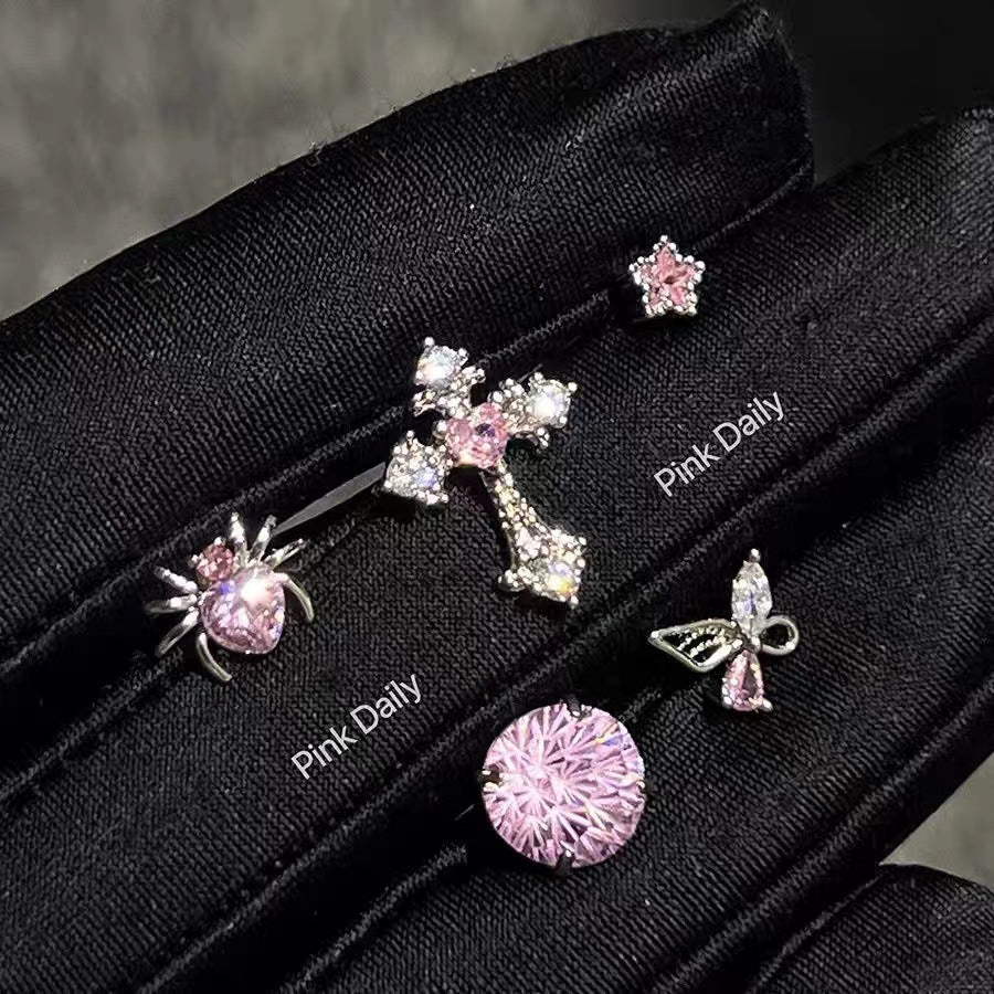Wholesale Pink zircon cross ear bone studs titanium steel butterfly earrings