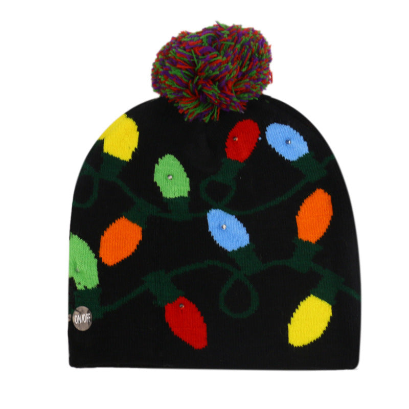 Wholesale Christmas Snowman Elk Christmas Tree Hair Ball Knitted Hat LED Colorful Dazzling Light Woolen Hat