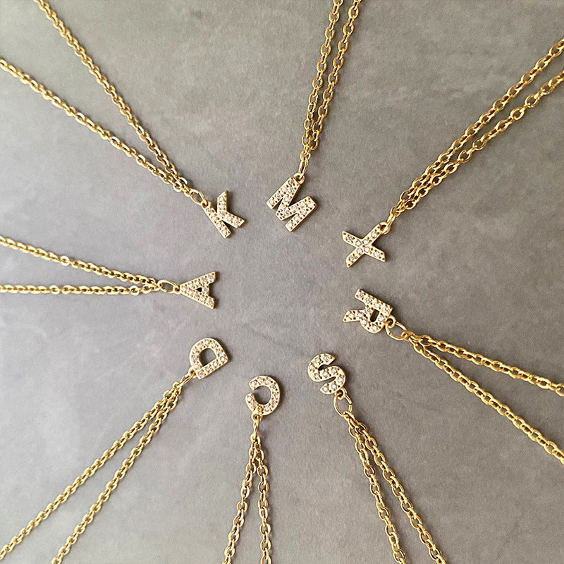 Wholesale Stainless Steel Diamond Alphabet Pendant 14K Gold Plated Necklaces