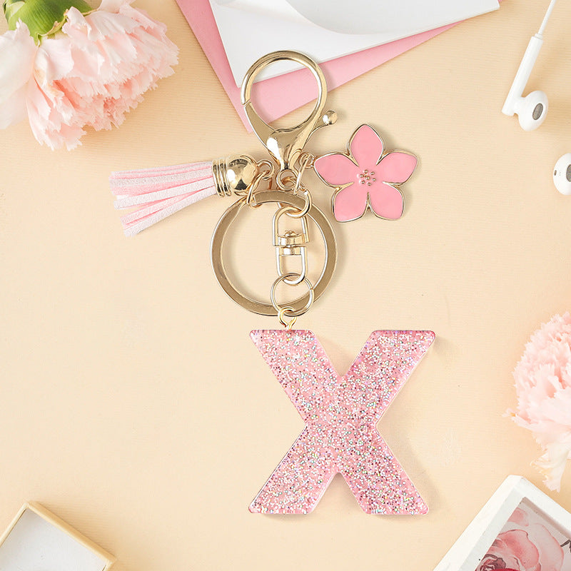 Wholesale Pink 26 letter Sparkling Pink Flower Tassel Keychain