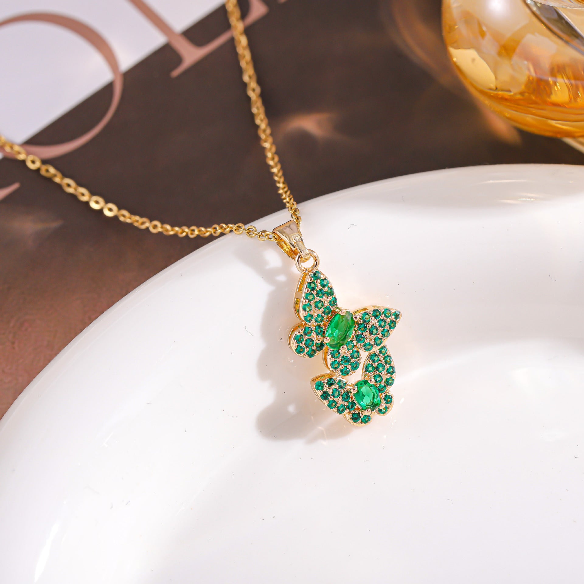 Wholesale fashion jewelry pendant colorful full diamond double butterfly necklace